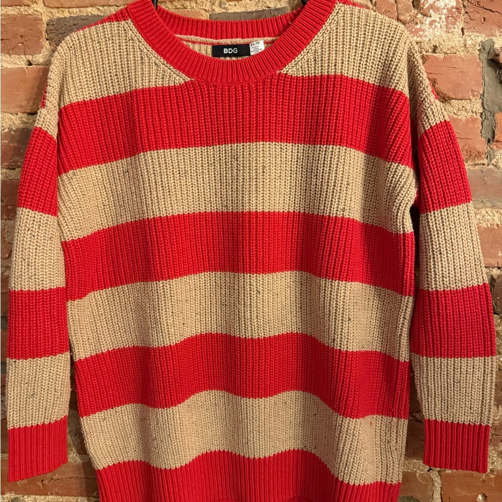BDG Women’s Sweater in Bold Red and Tan Stripes
